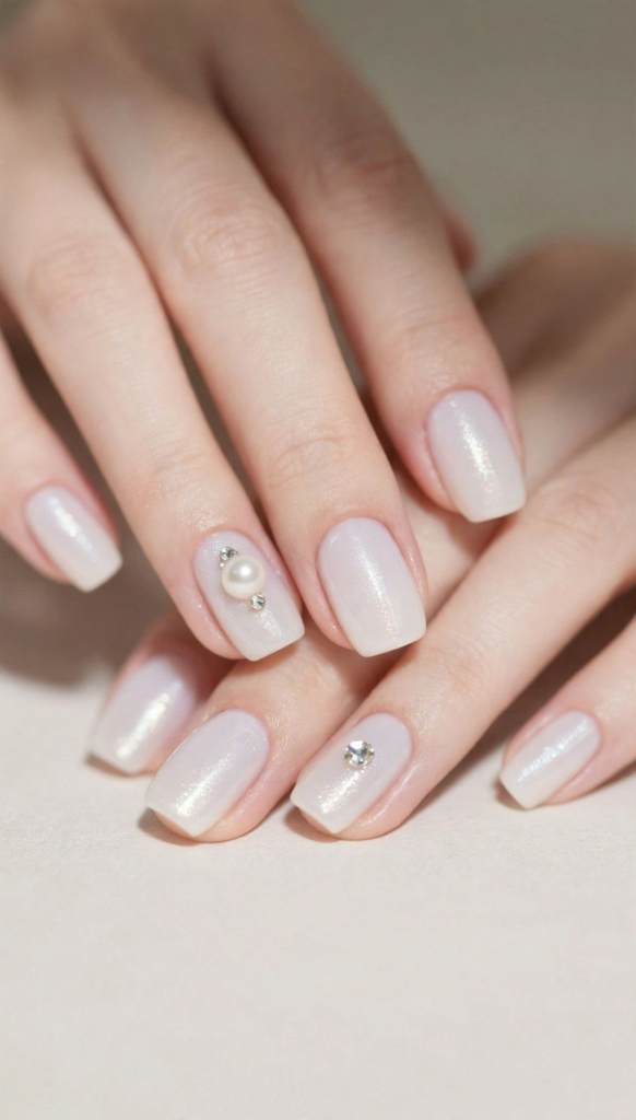 Elegant manicure showing easy 3D nail art designs with pearlescent white shimmer polish, accented by a 3D pearl charm and crystal rhinestones.
