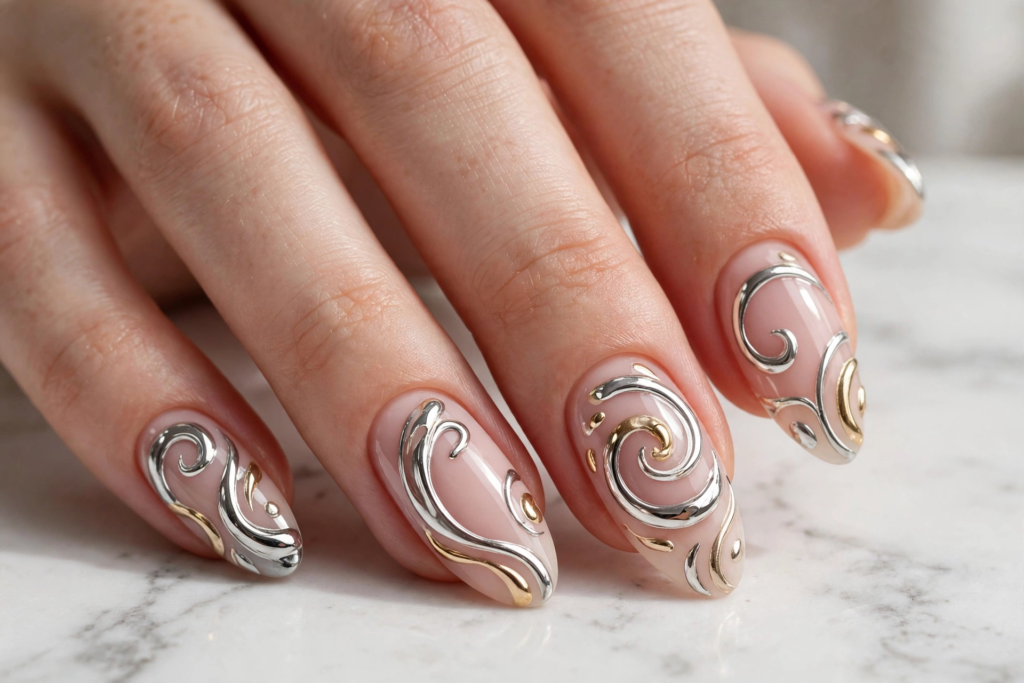 Hand showing easy 3D nail art designs with glossy nude almond nails adorned with raised, sculpted silver and gold metallic chrome swirls.