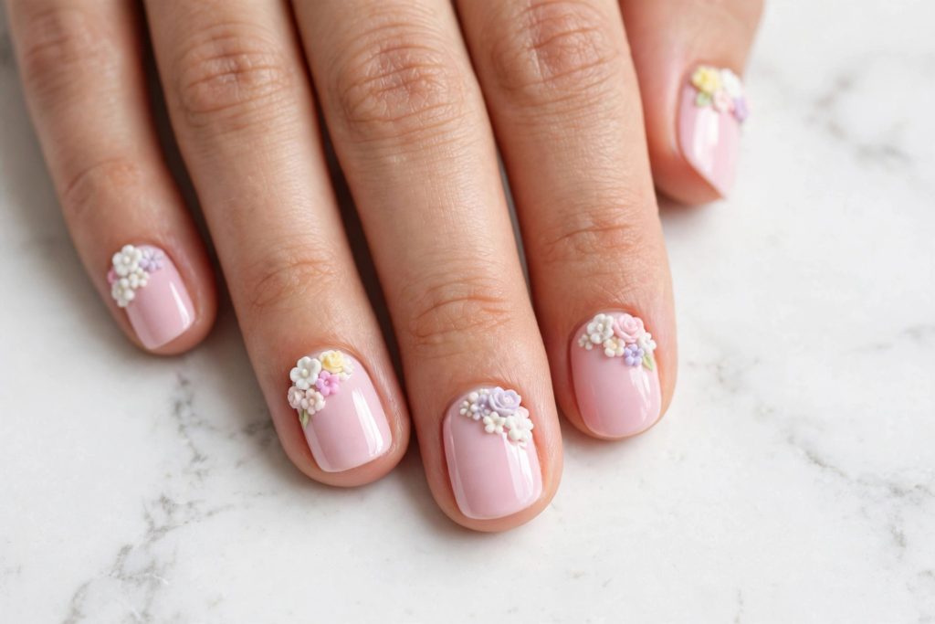 Short square pink manicure showcasing easy 3D nail art designs with miniature pastel flowers and roses arranged along the cuticles.   