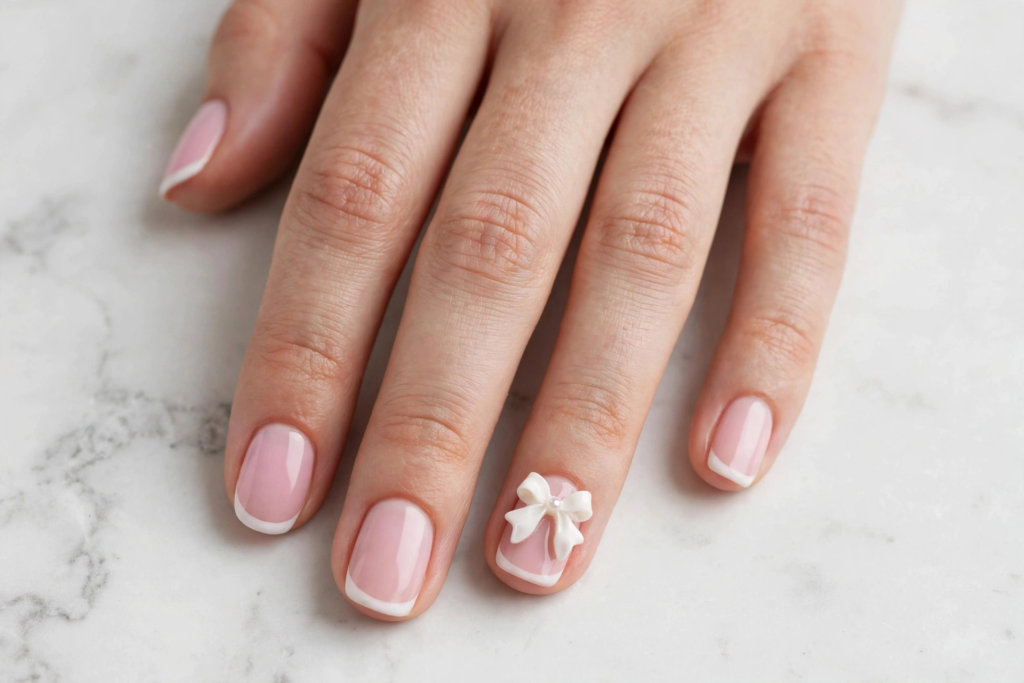 Classic French tip manicure featuring easy 3D nail art designs with a sculpted white ribbon bow charm centered on the accent nail.   