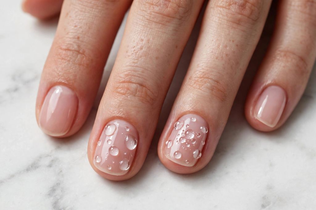 Natural sheer nude manicure featuring easy 3D nail art designs with clear glossy raised water droplets on accent nails.   