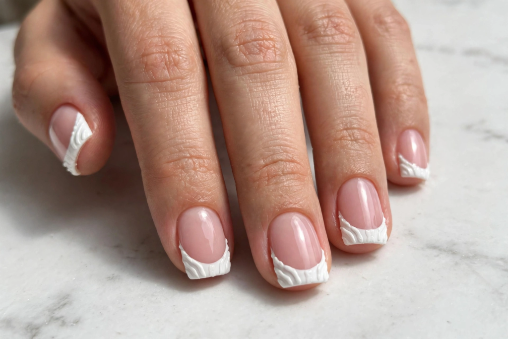Short square French manicure showing easy 3D nail art designs with textured, sculpted white acrylic tips over a glossy nude base.   