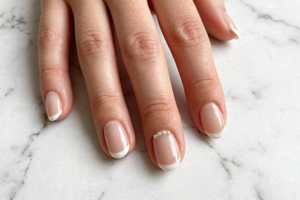 Natural French tip manicure showing easy 3D nail art designs with a dainty row of miniature 3D pearls along the cuticle of the ring finger.   