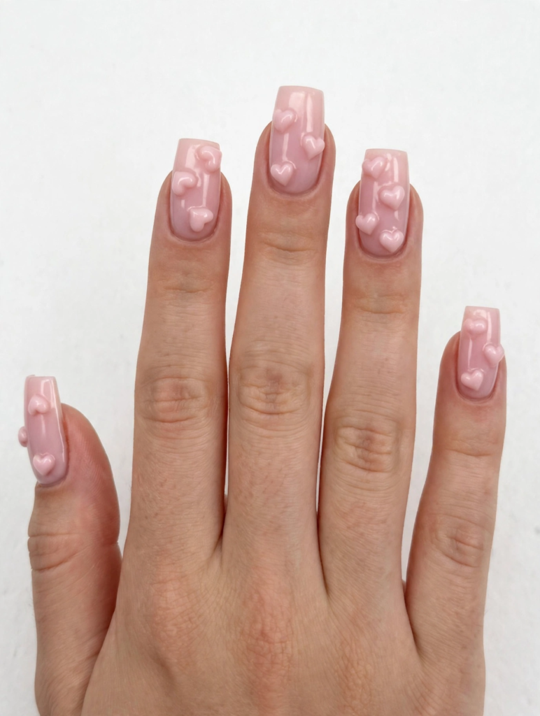 Glossy pale pink manicure showcasing easy 3D nail art designs with embossed, sculpted jelly hearts covering long square nails.   