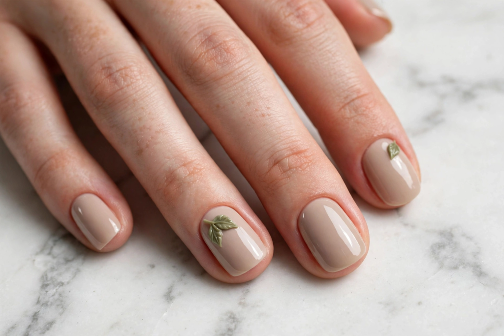 Neutral taupe manicure showcasing easy 3D nail art designs with delicate sculpted sage green leaf accents near the cuticles.   