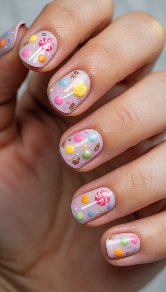 Colorful candy-themed manicure showing easy 3D nail art designs with miniature swirl lollipops, raised gumball beads, and glitter over a lilac base.   