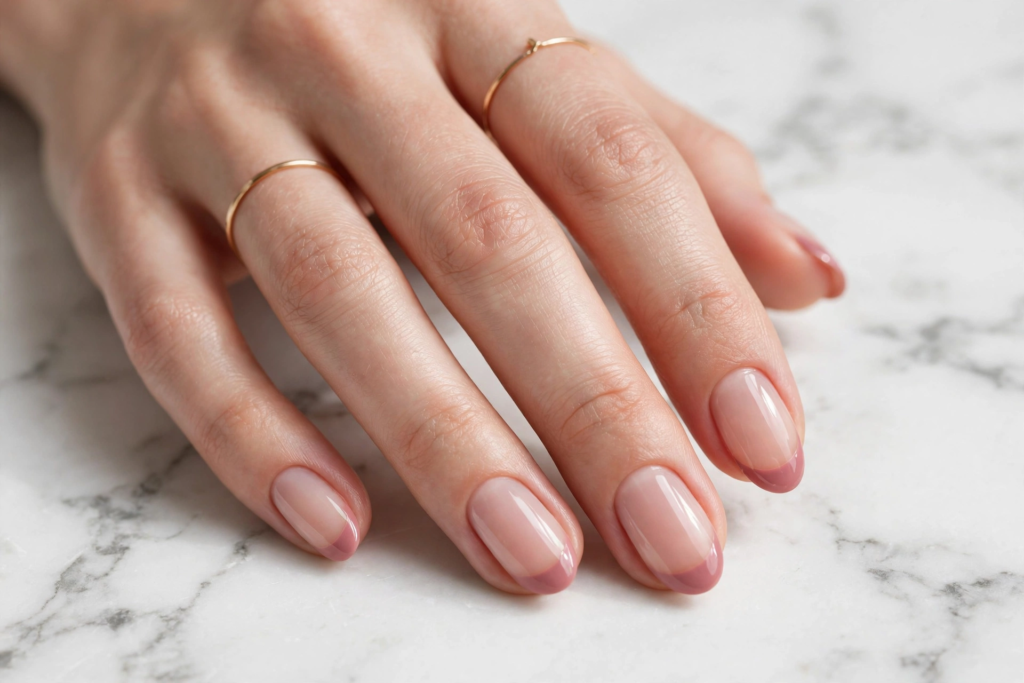 Chic mauve french nails ideas featuring glossy oval nails with dusty rose pink tips on a sheer nude base.   