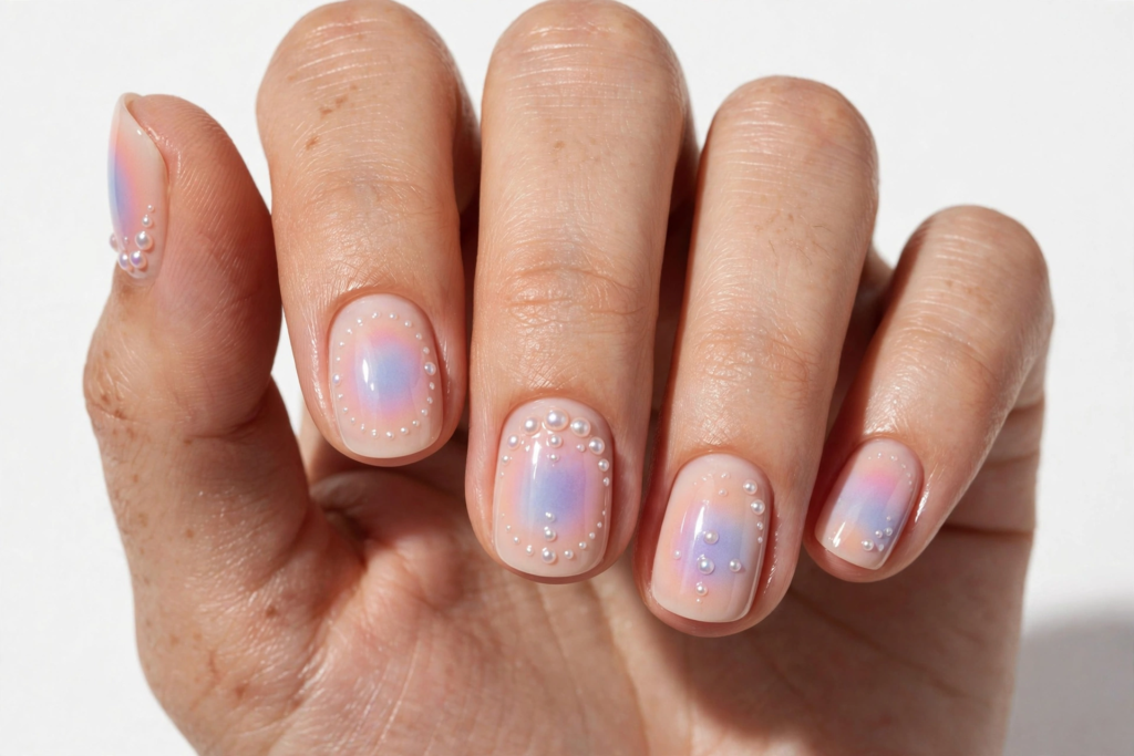 Aura manicure on short square nails showing easy 3D nail art designs with pastel pink-to-blue gradient centers framed by tiny 3D pearl beads.   