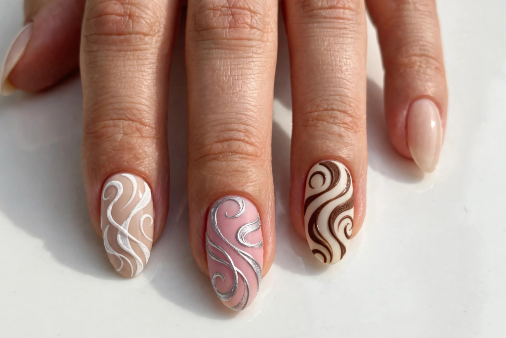 Almond manicure showcasing easy 3D nail art designs with raised, textured swirls in white, metallic silver, and brown across neutral accent nails.   