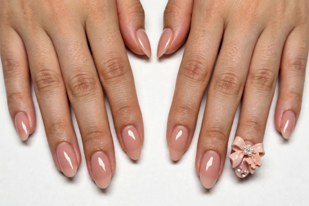 Glossy almond nude manicure showcasing easy 3D nail art designs with an oversized pale peach ribbon bow, butterfly charm, pearls, and rhinestones on the accent nail.   