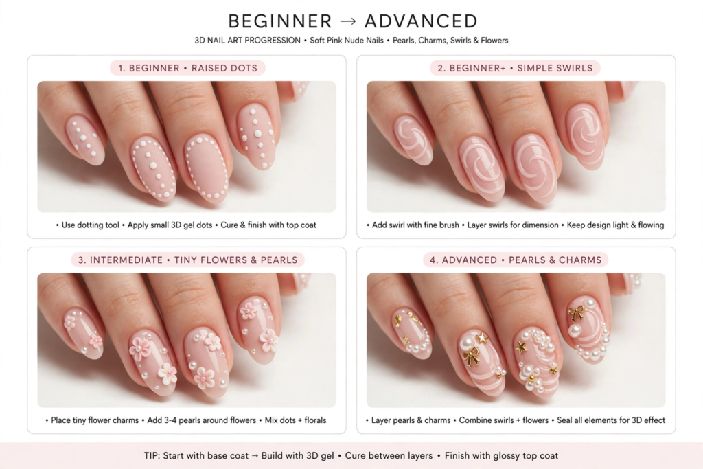 Step-by-step tutorial guide for easy 3D nail art designs ranging from beginner raised dots and swirls to intermediate flowers and advanced pearl charm manicures.   