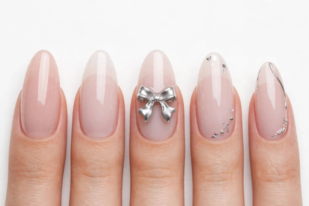 Elegant almond manicure showing easy 3D nail art designs with a metallic silver bow charm, delicate chrome swirl lines, and silver flecks over sheer jelly nude polish.   