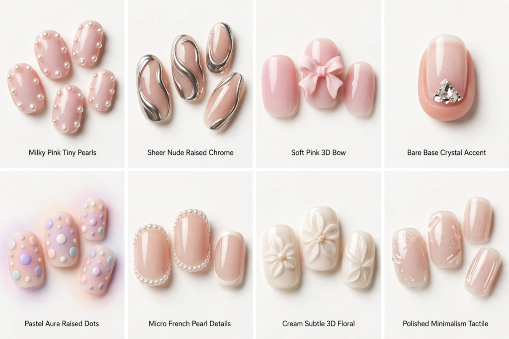 Eight-panel mood board showcasing easy 3D nail art designs, including tiny pearls, raised chrome swirls, 3D bows, crystal accents, and sculpted cream florals on nude nails.   