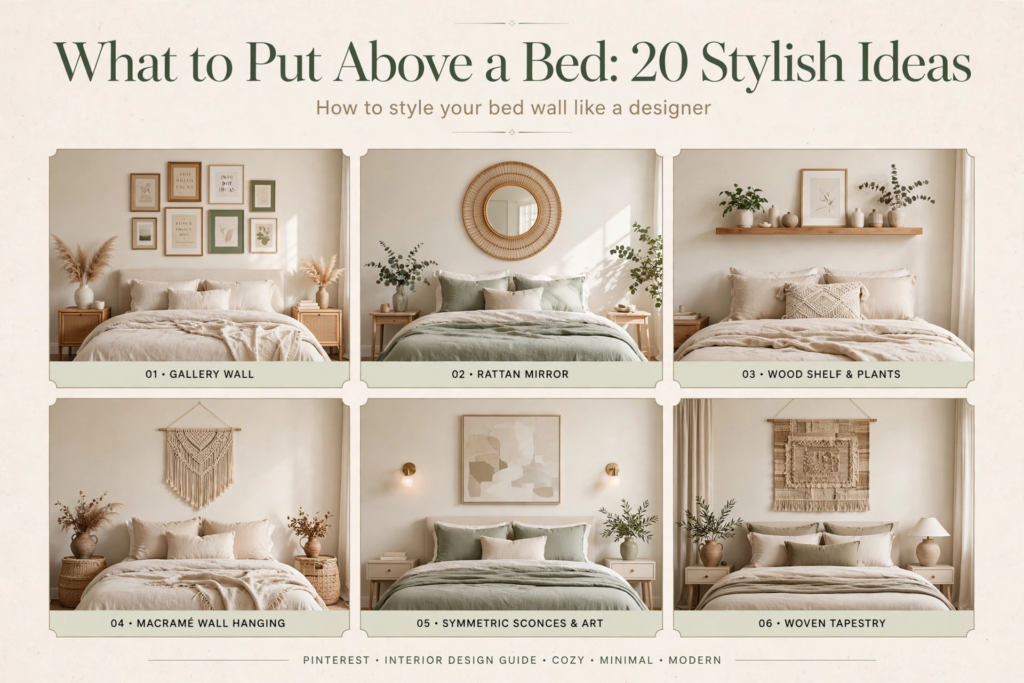 Guide showcasing what to put above a bed featuring six bedroom wall decor ideas, including a gallery wall, rattan mirror, floating shelf, macramé, art with sconces, and a woven tapestry.
