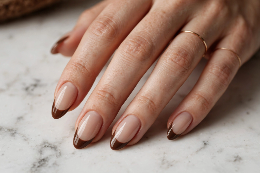 Autumn-inspired french nails ideas featuring glossy oval nude nails finished with rich chocolate brown tips.   