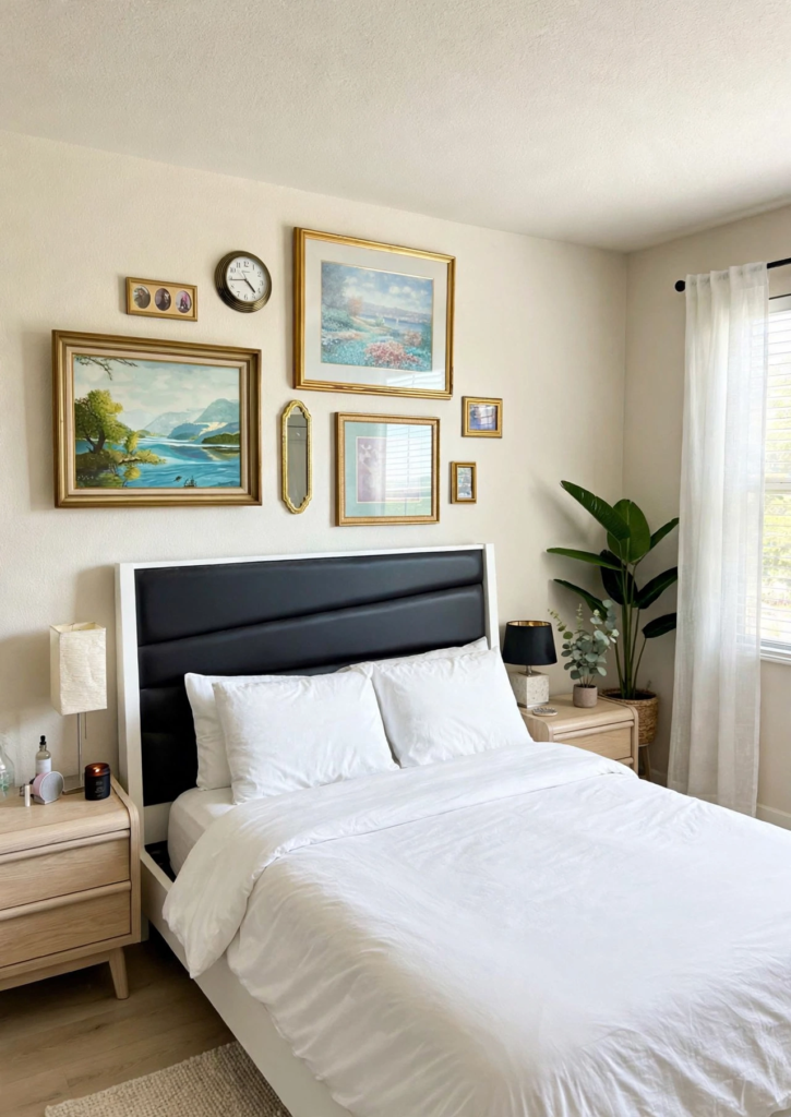 Bright bedroom showing what to put above a bed with a vintage gallery wall of gold-framed art and mirrors over a black tufted headboard.   