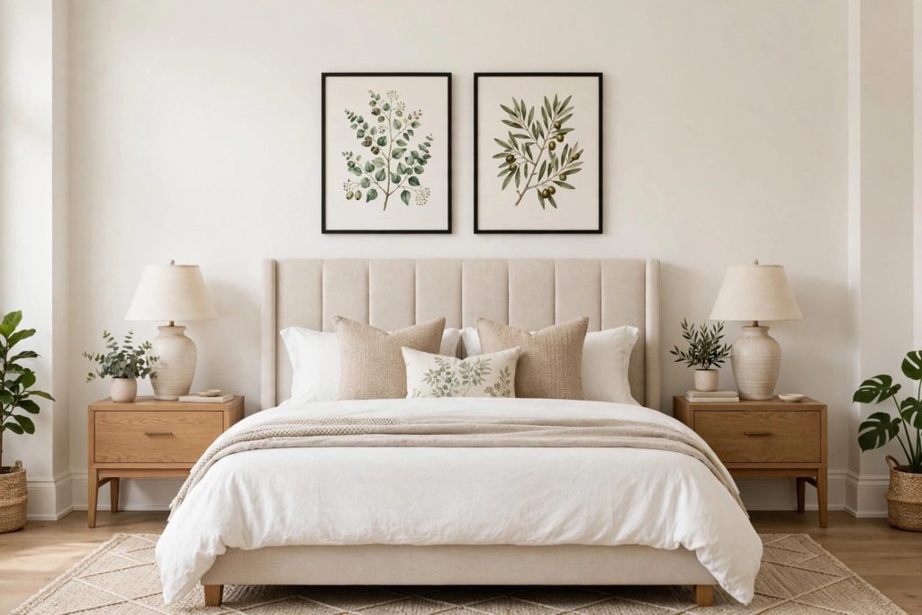 Symmetrical bedroom design showing what to put above a bed with a pair of framed botanical prints over a cream tufted headboard.   