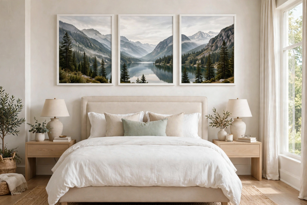 Serene bedroom idea for what to put above a bed featuring a three-piece framed landscape triptych of mountains and a lake over a neutral headboard.   