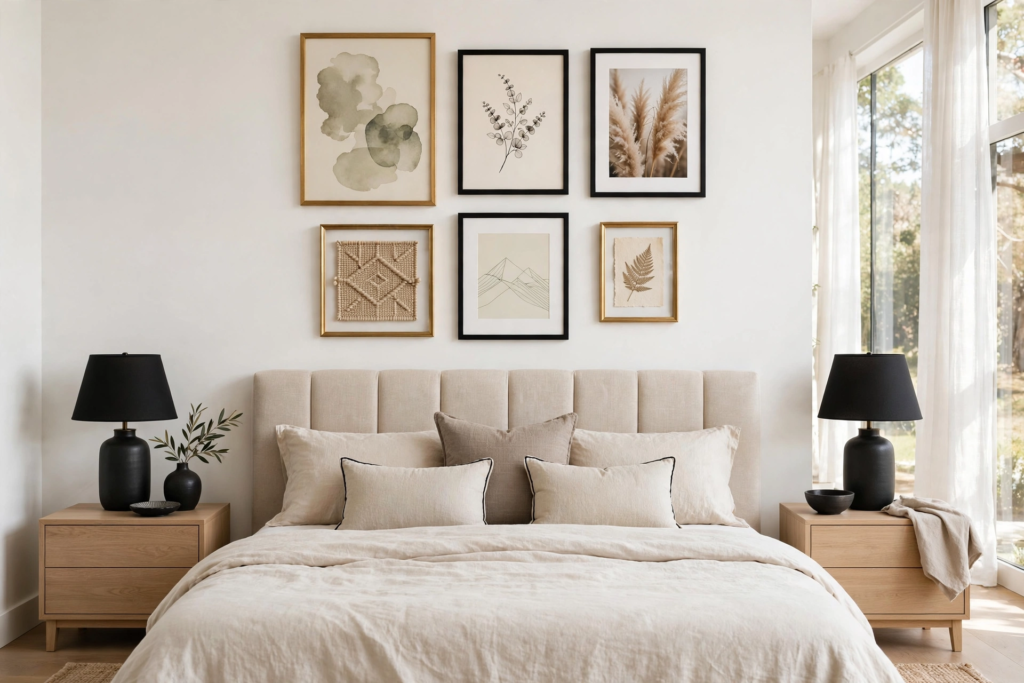Symmetrical gallery wall idea for what to put above a bed, featuring a 6-frame grid of mixed botanical, abstract, and textured artwork above a beige headboard.   