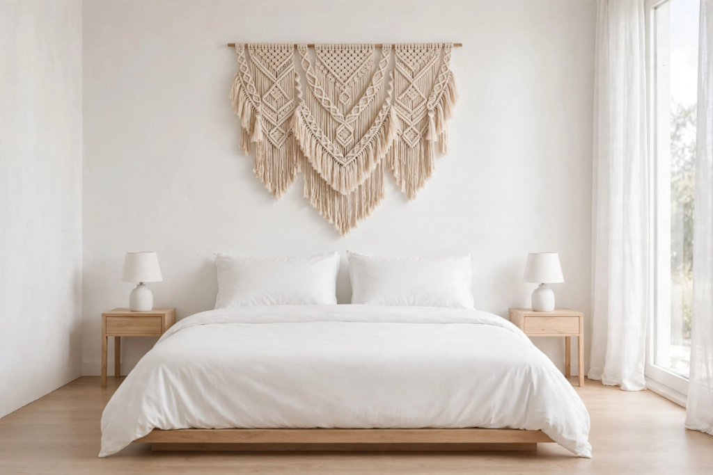 Boho-minimalist bedroom idea for what to put above a bed, featuring a large woven macramé wall hanging centered over a wooden platform bed.   