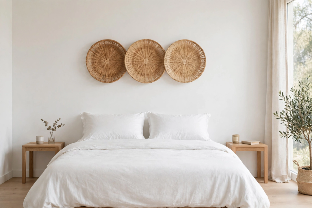 Minimalist bedroom decor idea for what to put above a bed, featuring a trio of round woven rattan baskets mounted above a white linen bed.   