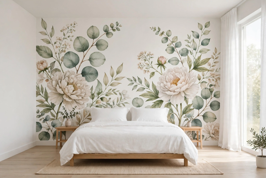 Accent wall idea for what to put above a bed, featuring a botanical floral watercolor mural with peonies and eucalyptus leaves behind a wooden platform bed.   