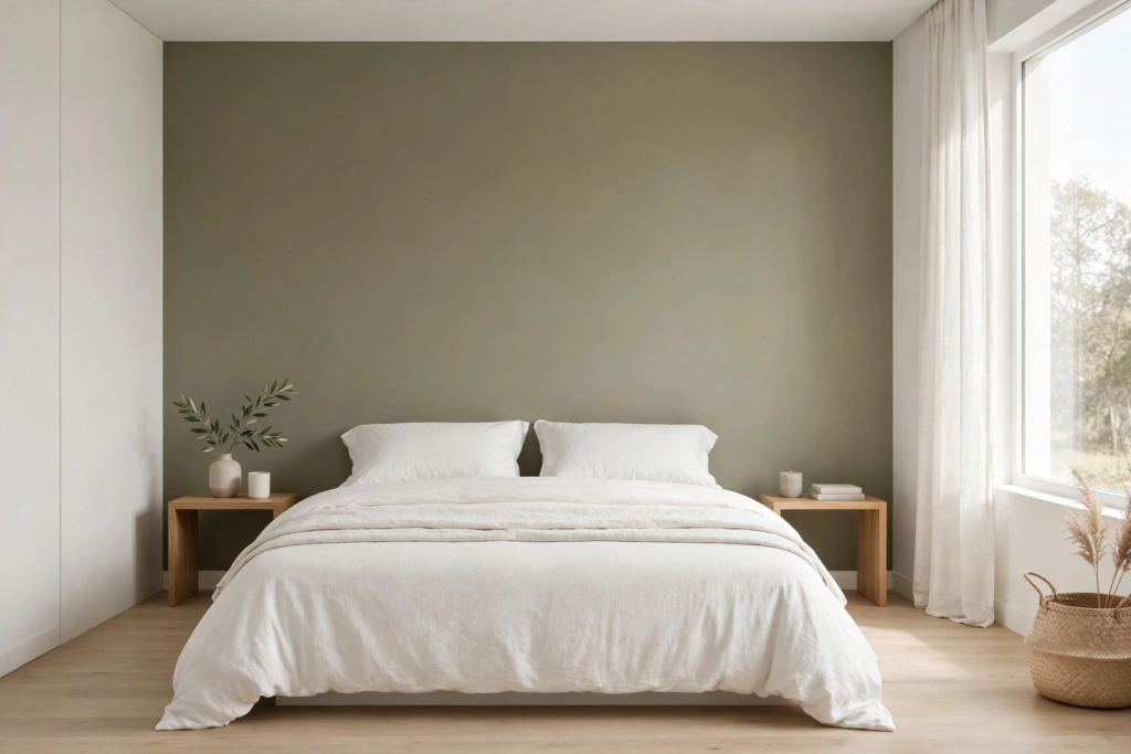 Minimalist bedroom accent wall idea for what to put above a bed, featuring a blank sage olive green painted wall above an unadorned platform bed.   