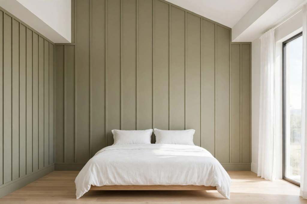 Modern bedroom architecture showing what to put above a bed with vertical board and batten wood paneling in muted olive green along a vaulted wall.   