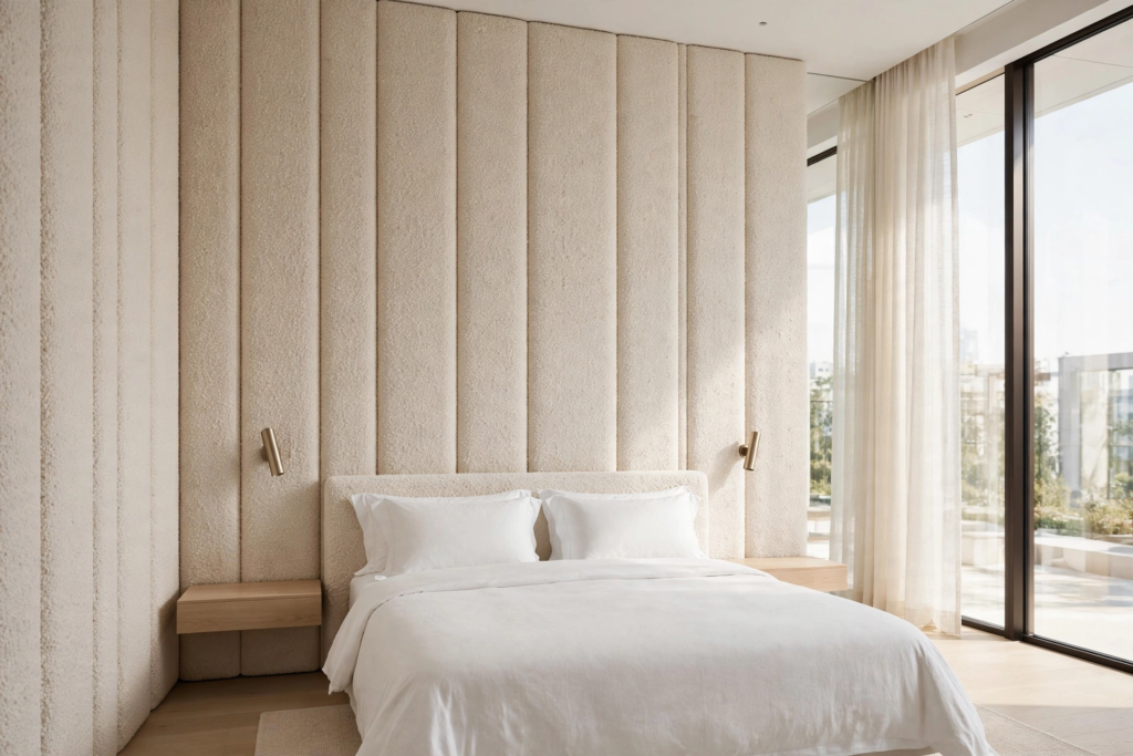 Modern bedroom design showing what to put above a bed with floor-to-ceiling vertical bouclé upholstered wall panels and sleek built-in sconces.   