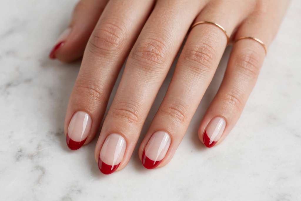 Classic red french nails ideas showcasing glossy rounded oval nails with deep crimson red tips on a sheer nude base.   