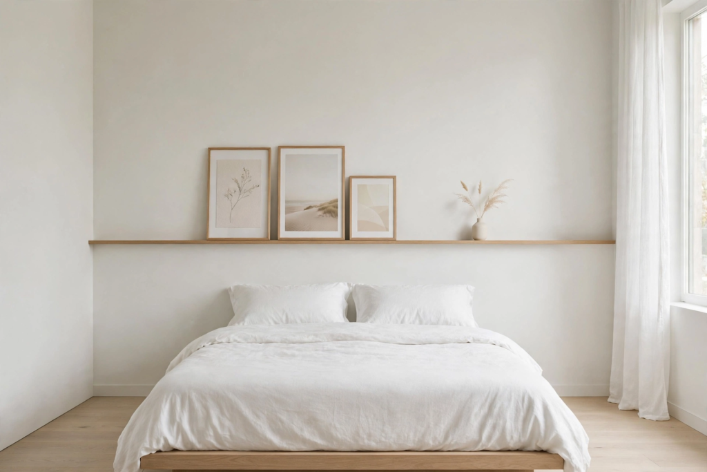 Minimalist bedroom decor idea for what to put above a bed, featuring a slim wooden picture ledge shelf displaying framed art prints and dried florals.   