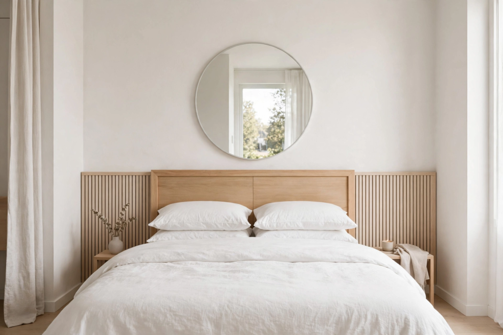 Bright bedroom decor idea for what to put above a bed, featuring a large round mirror mounted above a natural wood slat headboard.   