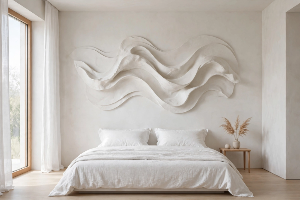 Modern bedroom inspiration for what to put above a bed, featuring an oversized 3D sculpted plaster wave wall installation centered over a white platform bed.   