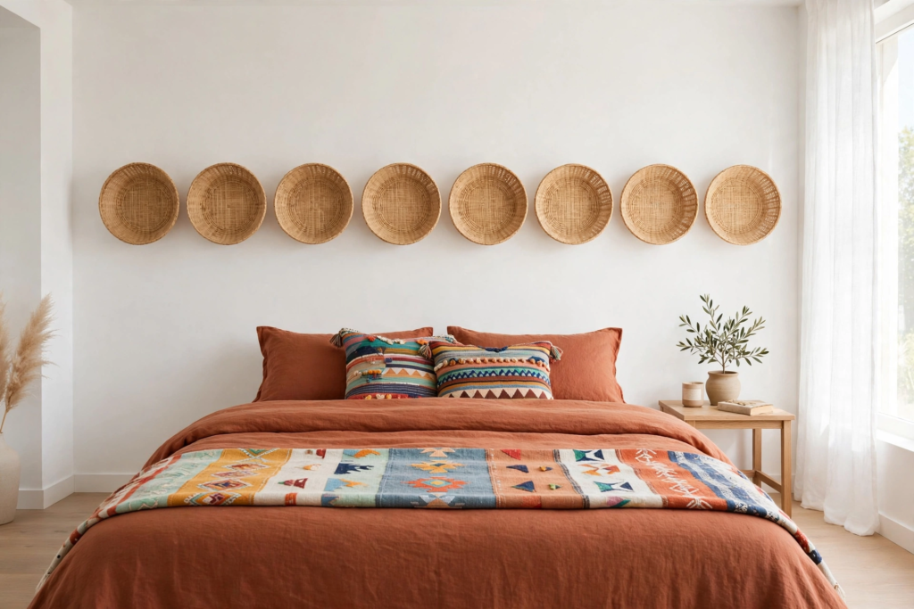 Boho bedroom decor idea for what to put above a bed, featuring a horizontal row of woven wicker wall baskets above a bed with terracotta linen and southwestern textiles.   