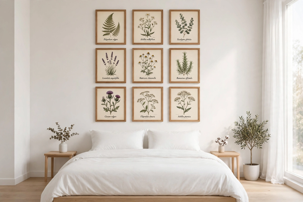 Symmetrical bedroom decor idea for what to put above a bed, featuring a 9-frame botanical art grid in light wood frames centered over a white bed.   