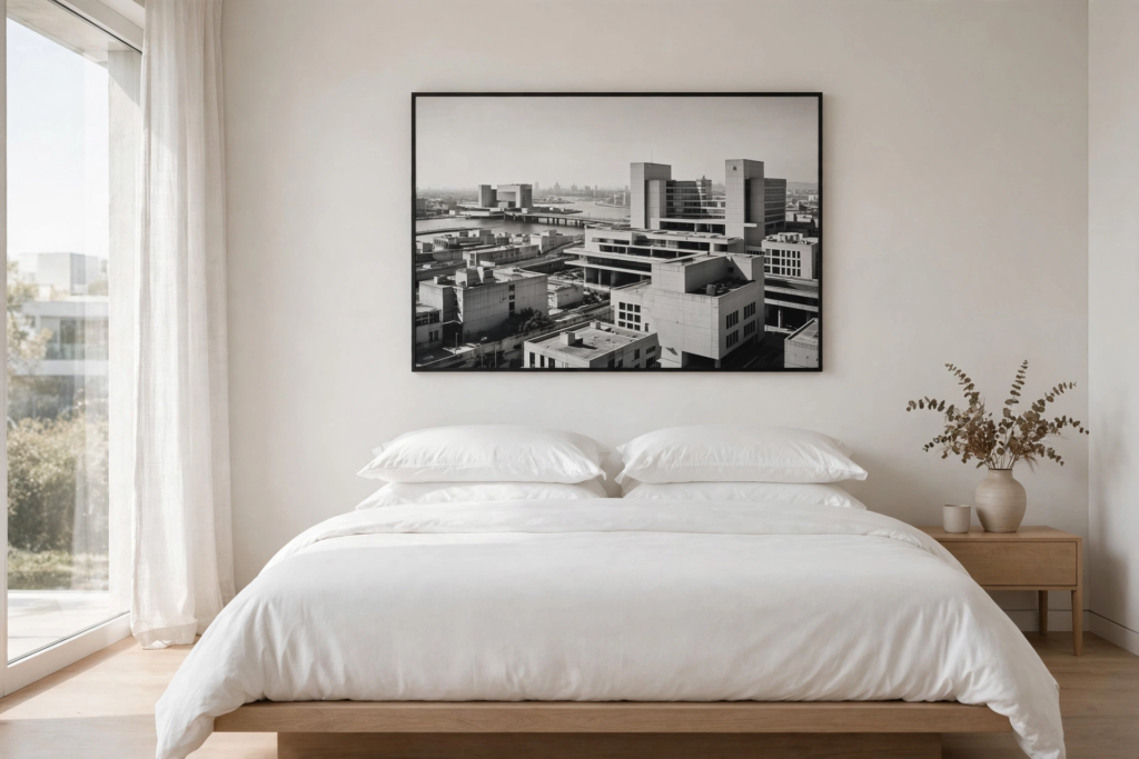 Minimalist bedroom decor idea for what to put above a bed, featuring an oversized black-and-white architectural photograph hung over a wooden platform bed.   