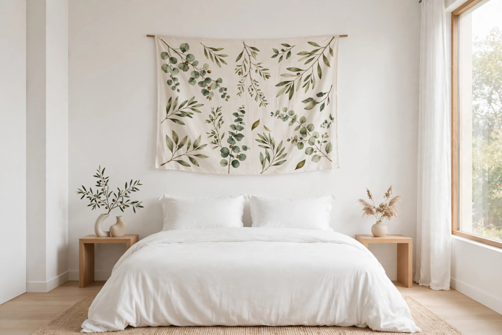 Boho-minimalist bedroom decor idea for what to put above a bed, featuring a botanical greenery fabric tapestry hanging above a white linen bed.   