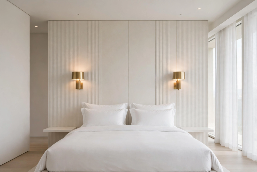Modern luxury bedroom idea for what to put above a bed, featuring vertical fluted wall paneling with mounted warm brass wall sconces.   