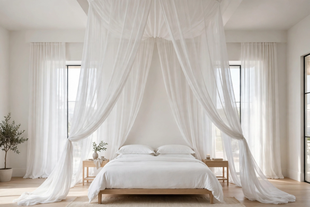 Dreamy bedroom decor idea for what to put above a bed, featuring a floor-to-ceiling sheer white drape canopy hung above a low wooden platform bed.   