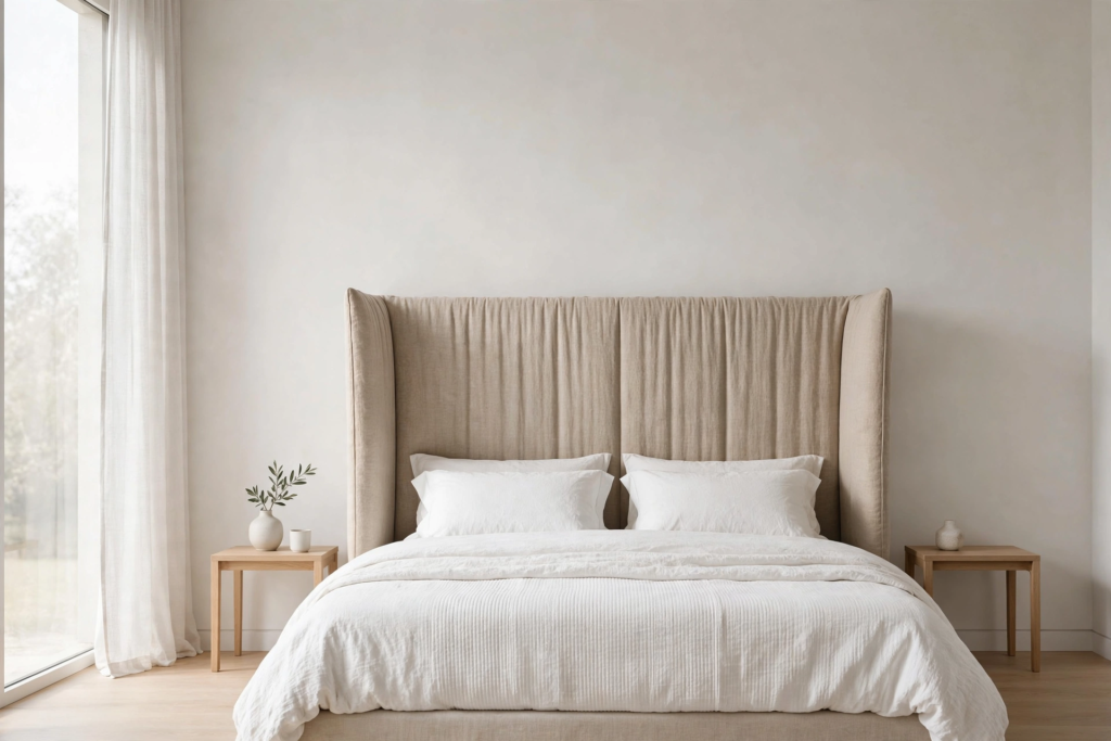 Minimalist bedroom decor idea for what to put above a bed, featuring an extra-tall beige pleated wingback headboard filling the wall space above crisp white bedding.   
