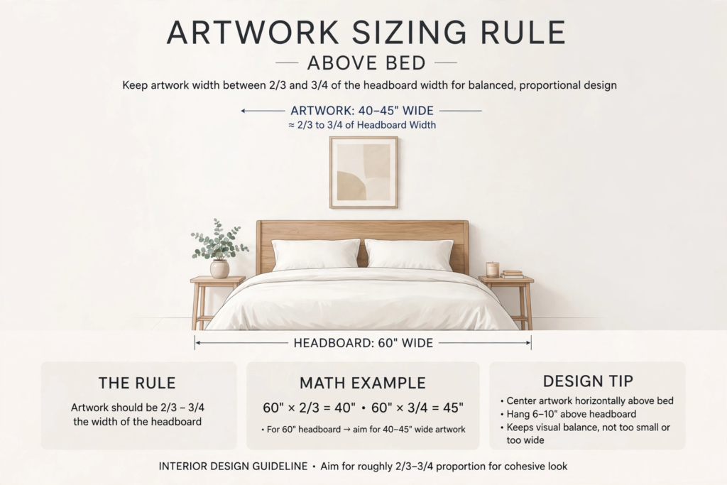 Interior design guide explaining what to put above a bed with artwork sizing rules, hanging proportions, and math examples for headboard balance.   
