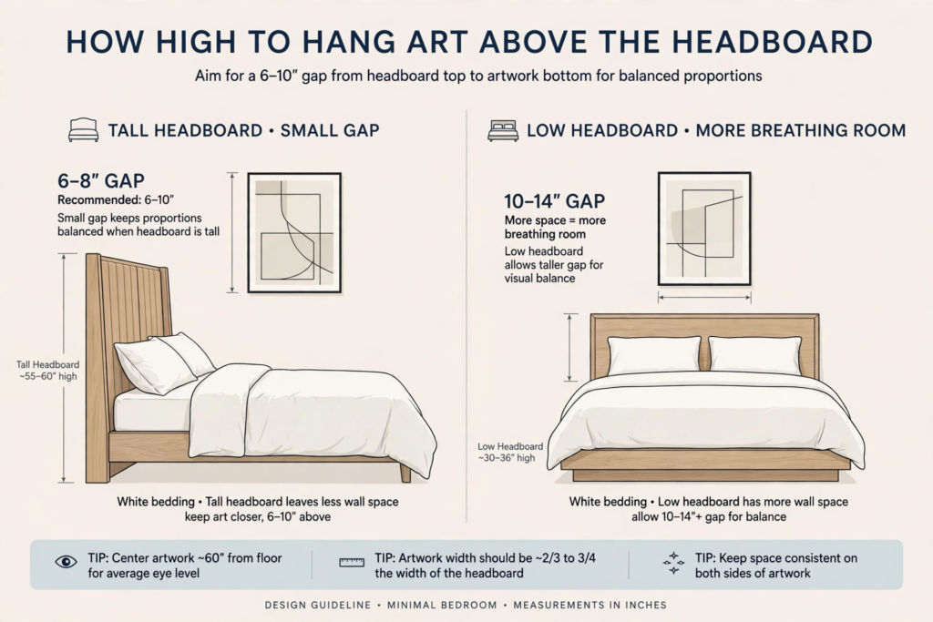 Interior guide explaining what to put above a bed with artwork hanging height recommendations for tall and low headboards.   