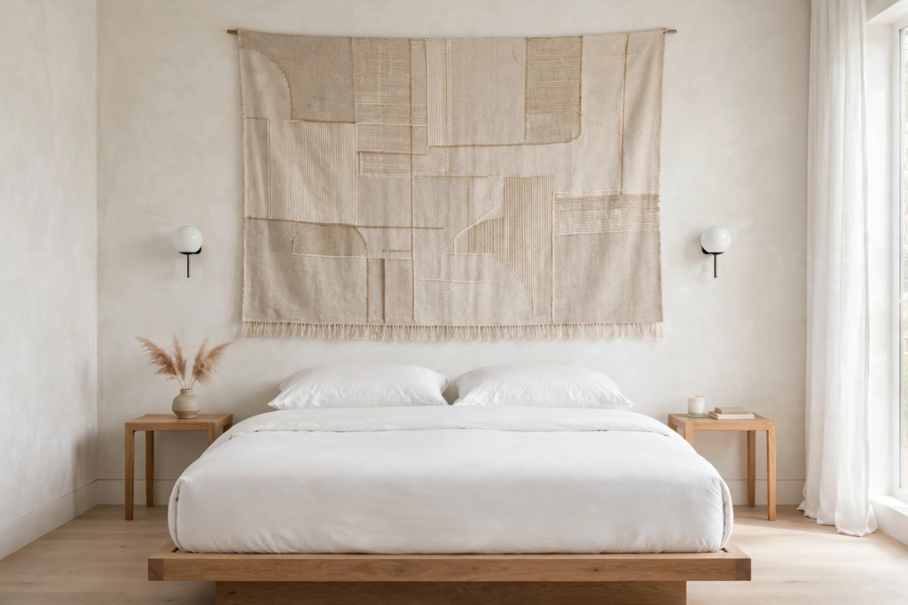Neutral bedroom decor idea for what to put above a bed, featuring a large textured geometric woven tapestry hung above a low wooden platform bed flanked by modern sconces.   