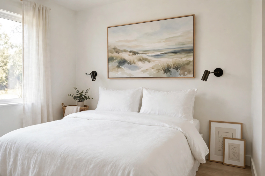 Coastal bedroom inspiration for what to put above a bed, featuring a large framed watercolor beach landscape painting hung over a headboard-free white bed.   