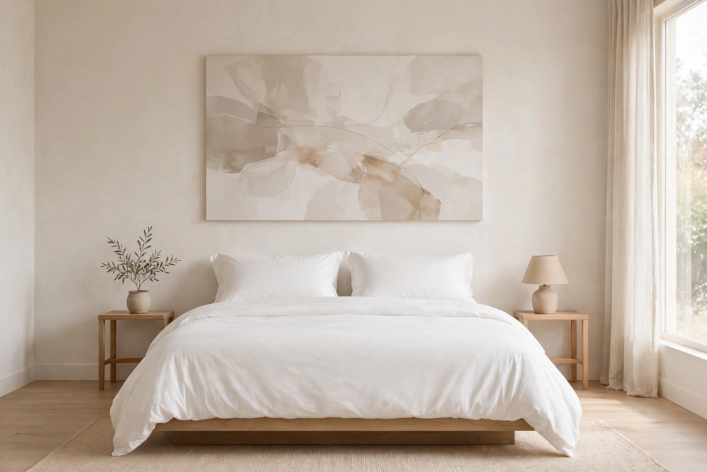 Minimalist bedroom decor idea for what to put above a bed, featuring a large frameless abstract canvas painting in beige and cream tones above a headboard-free bed.   