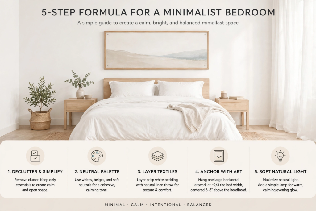 Minimalist bedroom styling guide showing what to put above a bed, featuring a 5-step design formula and a horizontal framed landscape print over a wood headboard.   