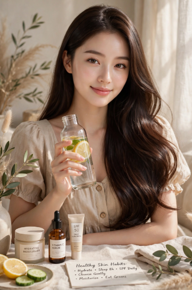 Woman with detox water and skincare products showing how to make my skin beautiful.