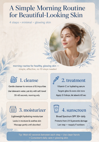 Simple four-step morning skincare routine showing how to make my skin beautiful and glowing.   
