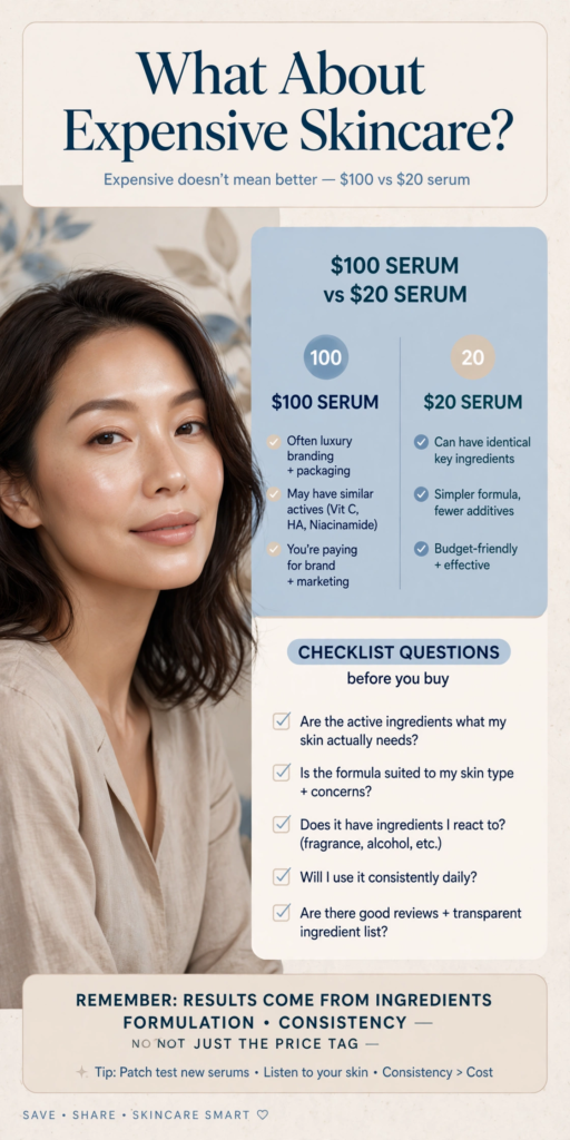 Guide comparing expensive vs budget serum showing how to make my skin beautiful without overspending.   