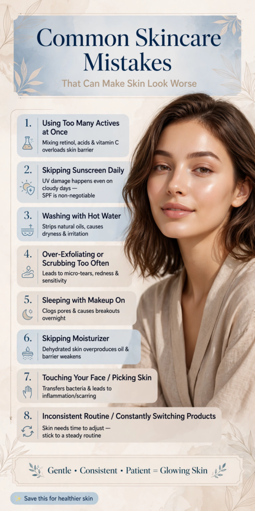 Guide to common skincare mistakes showing how to make my skin beautiful and avoid irritation.   